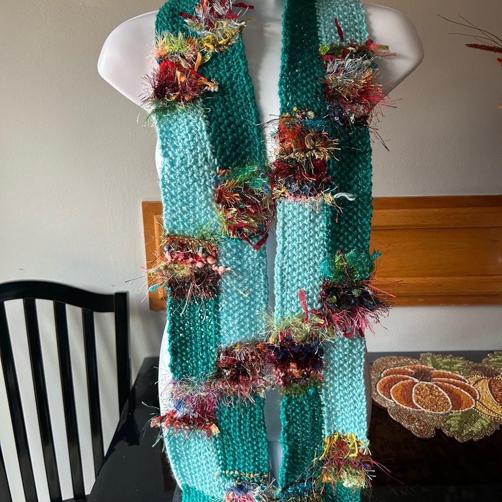 Vibrant Teal Knit Scarf with Multicolor Fringe